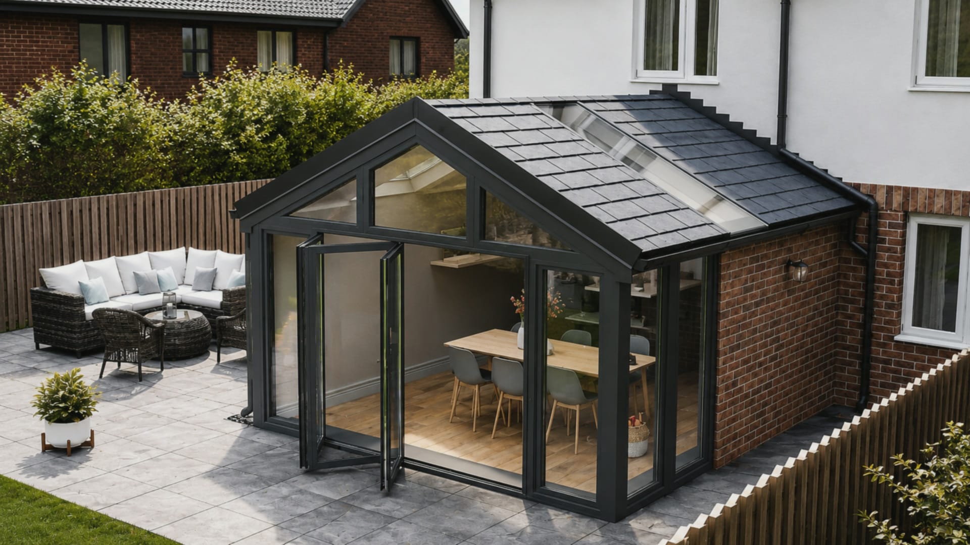 A tiled conservatory roof with roof glazing and a gable front