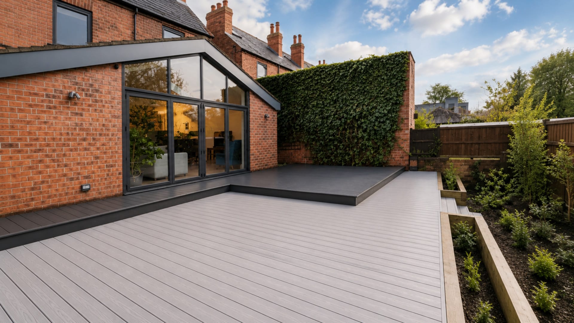 Outdoor living space with seating and garden views