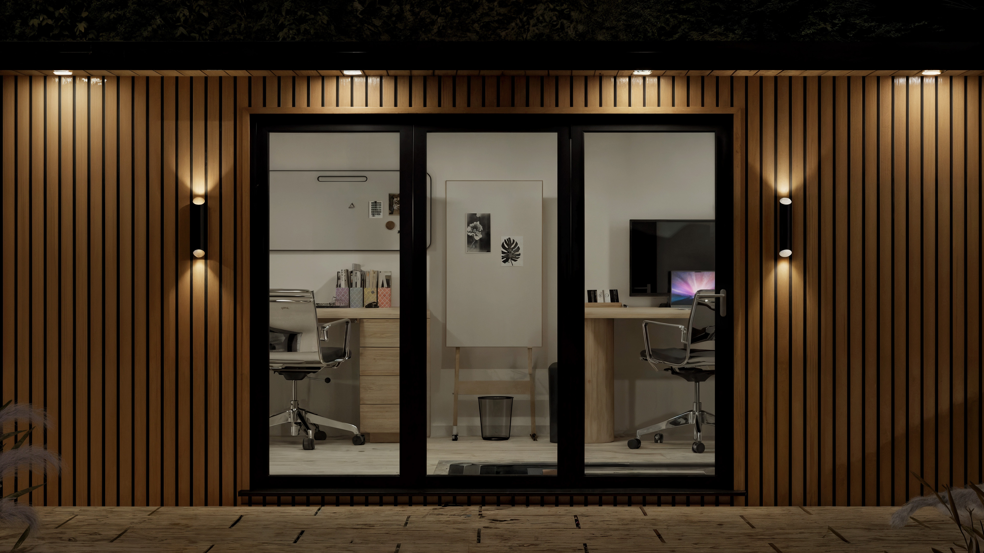 Garden room exterior illuminated at night