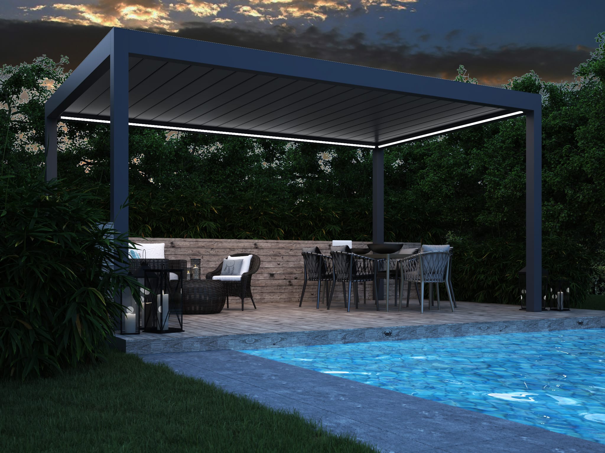 Contemporary louvred pergola beside a pool