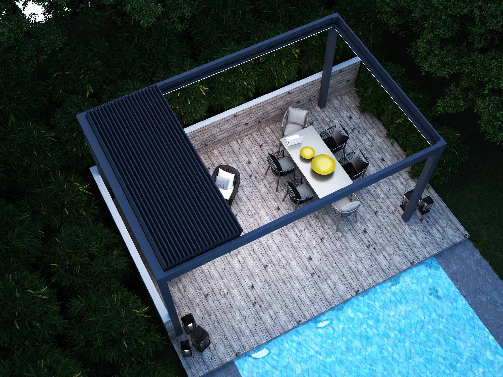 Retractable louvred pergola over an outdoor living area