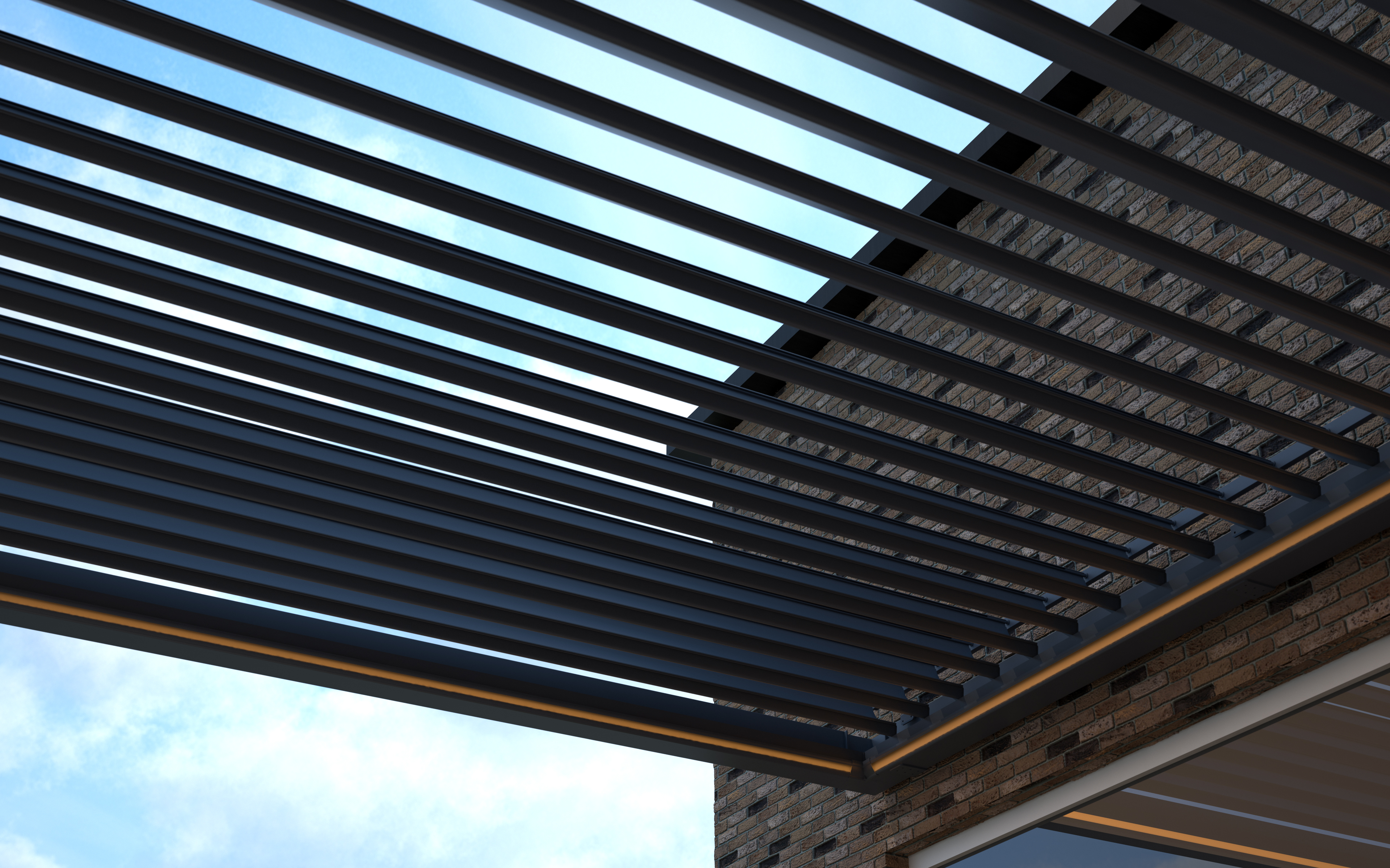 Outdoor seating beneath a fixed louvre pergola