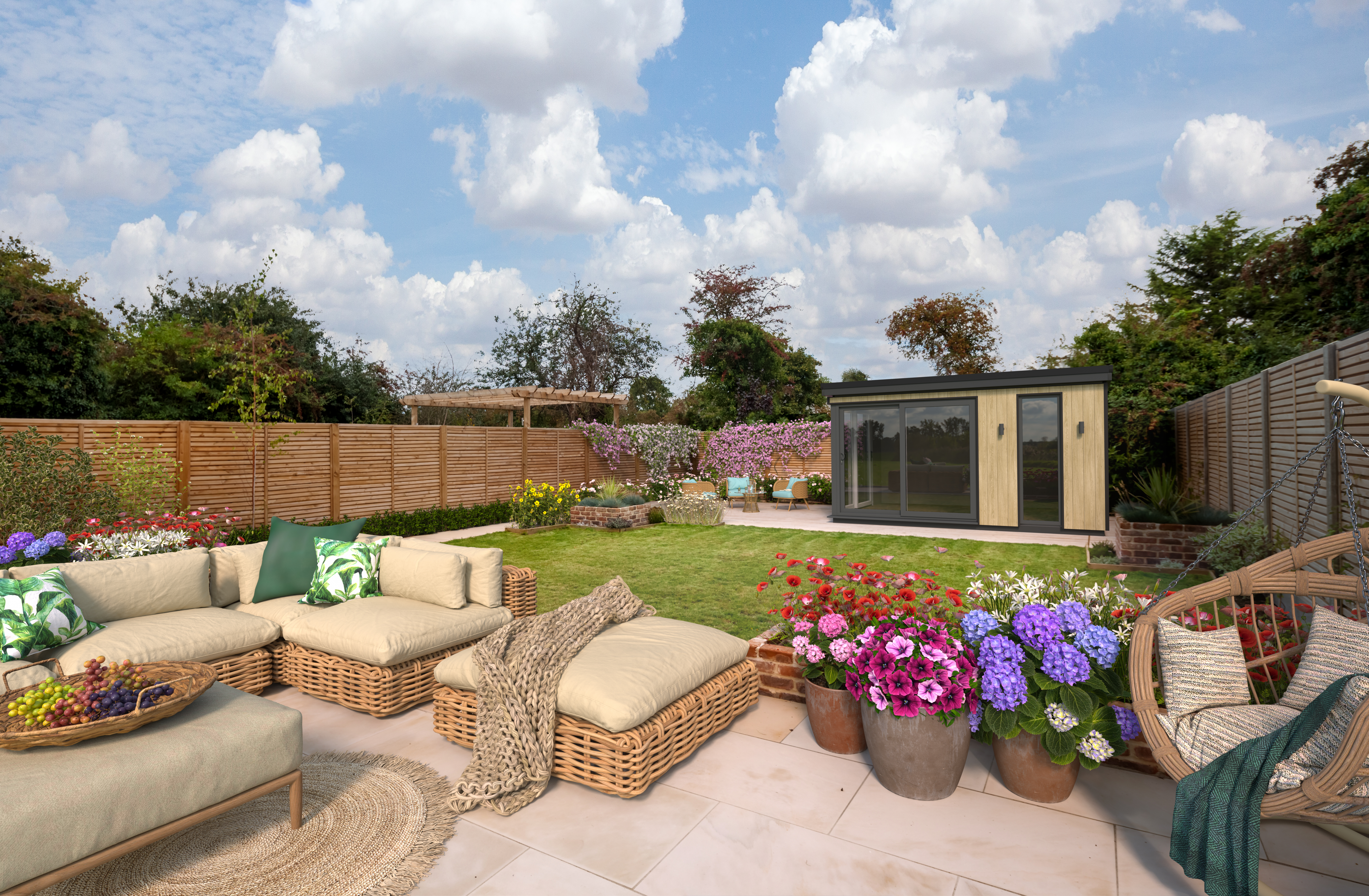 Garden room exterior in a landscaped setting